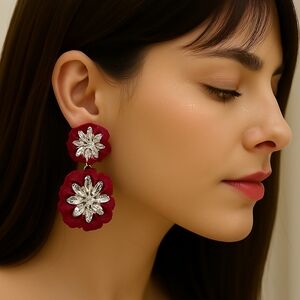 Red Floral Crystal Statement Earrings for Women w/ Bonus Gold Studs – Bold Jewel